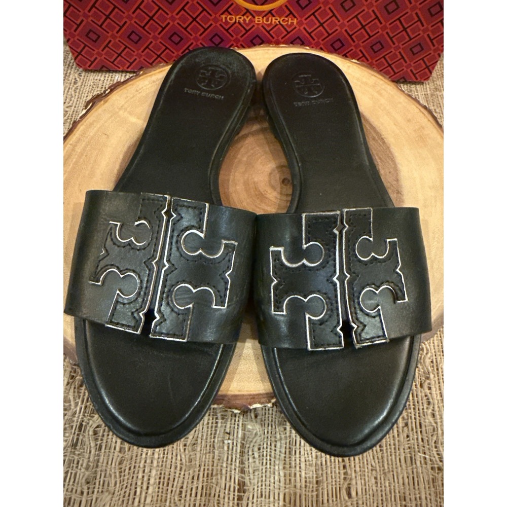 Tory Burch Ines Women's T  Leather Slide Sandals US Size 7.5 Black